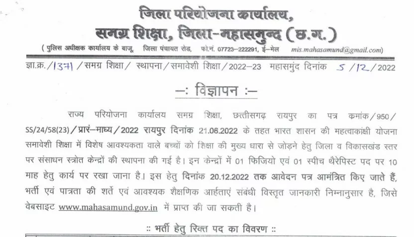 Samgra Shiksha Mahasamund Vacancy