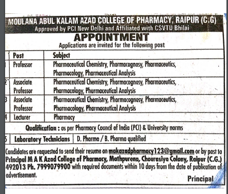 Pharmacy College Raipur Vacancy 2023