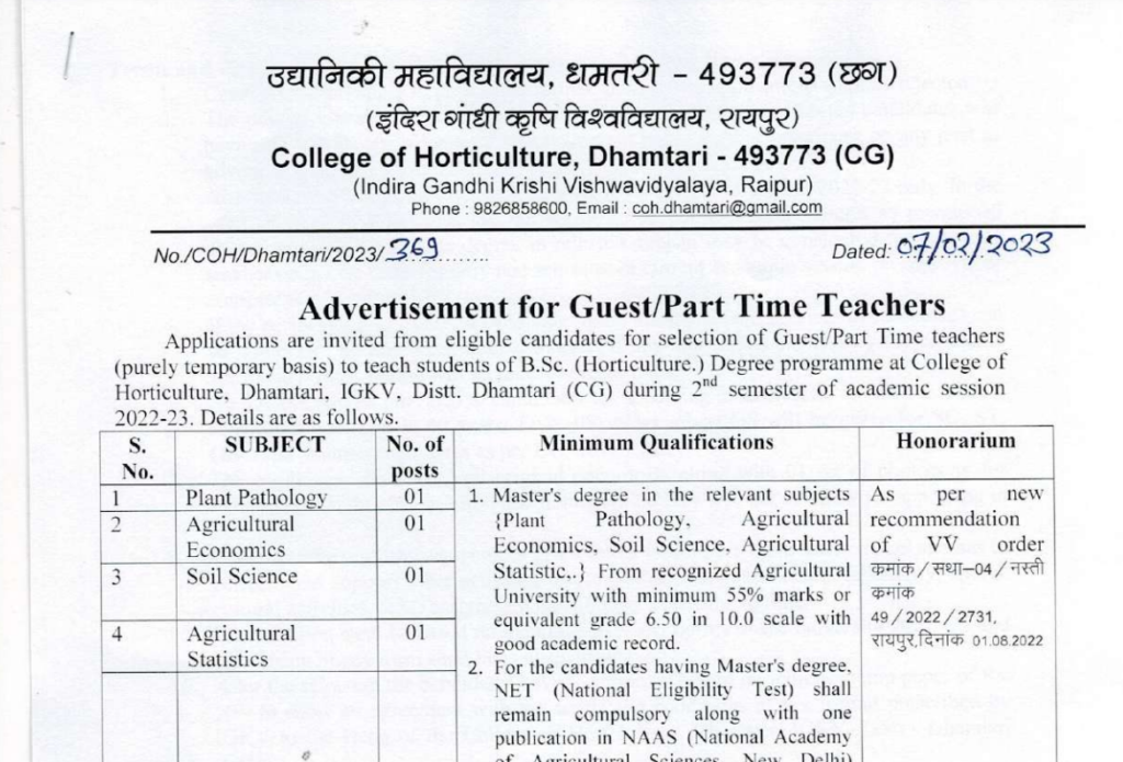 Agriculture College Dhamtari Vacancy