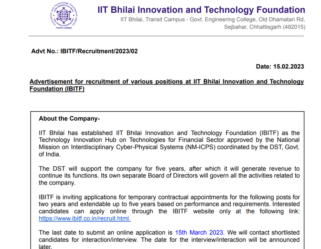 IBITF Bhilai Vacancy 2023