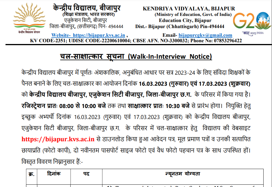 Kendriya Vidyalaya Bijapur Vacancy 2023
