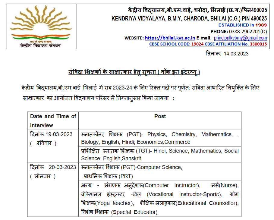 KVS Charoda Bhilai Vacancy 2023