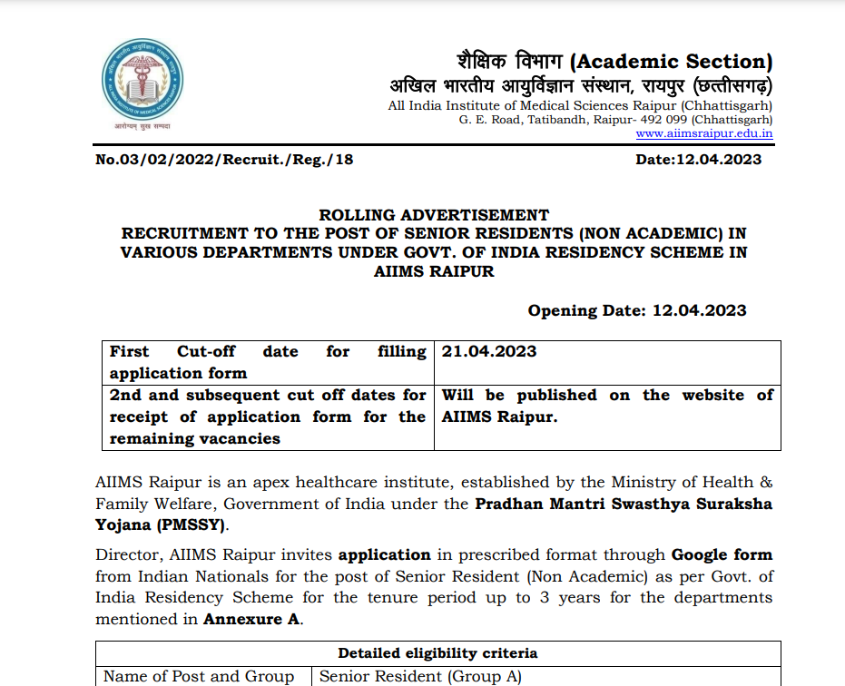 AIIMS Raipur recruitment 113 post
