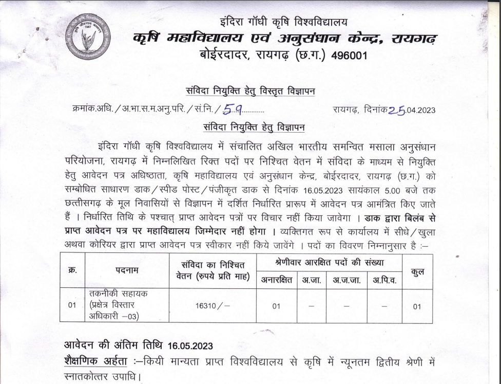 IGKV Raigarh Vacancy 2023