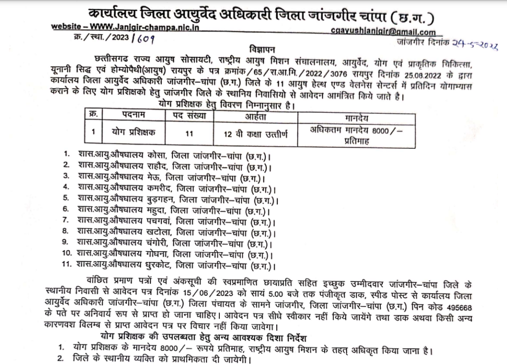 Ayurveda Vibhag Janjgir Champa Recruitment 2023