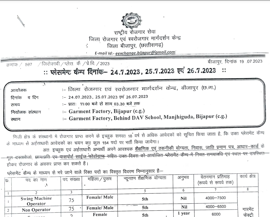 Bijapur Placement Camp Vacancy 2023