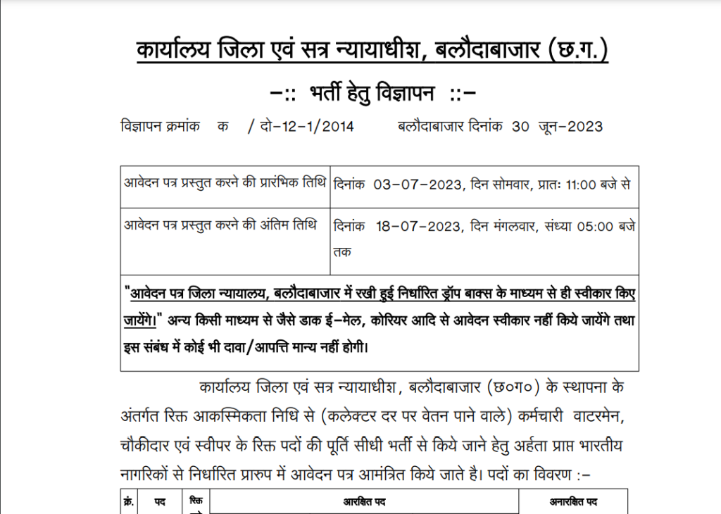 District Court Baloda Bazar Vacancy 2023