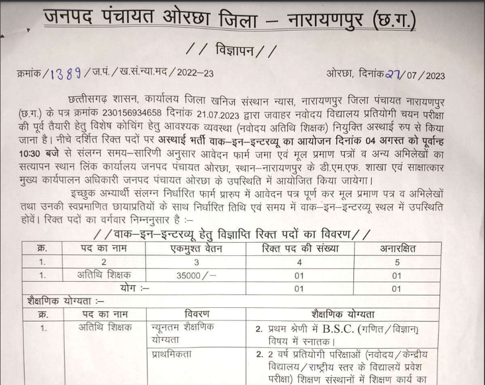 Janpad Panchayat Orchha Narayanpur Vacancy 2023