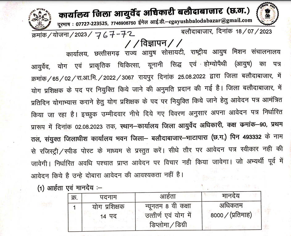 Jila Ayurved Adhikari Baloda Bazar Vacancy 2023