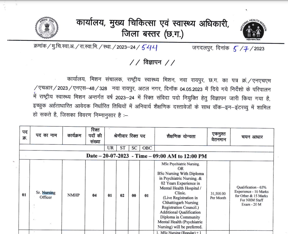 Swasthya Vibhag Bastar Recruitment 2023
