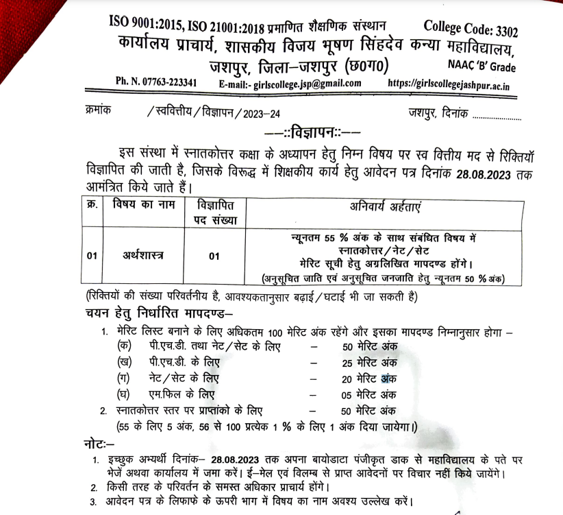 Girls College Jashpur Vacancy 2023