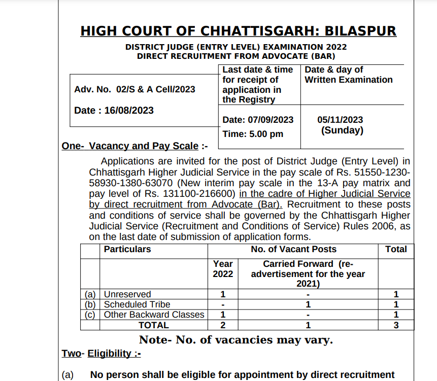 High Court Bilaspur District Judge Vacancy 2023