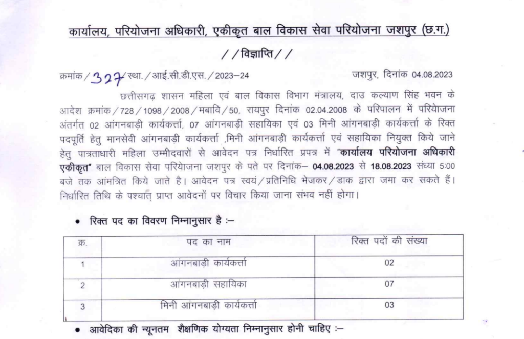 Jashpur Anganwadi Recruitment 2023