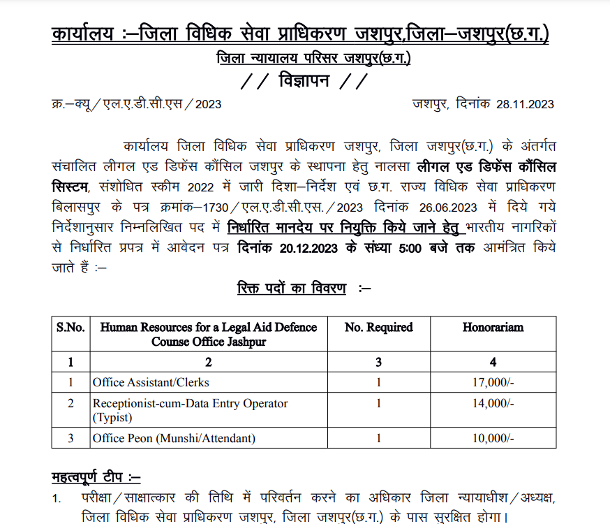Jashpur Court Vacancy 2023-24