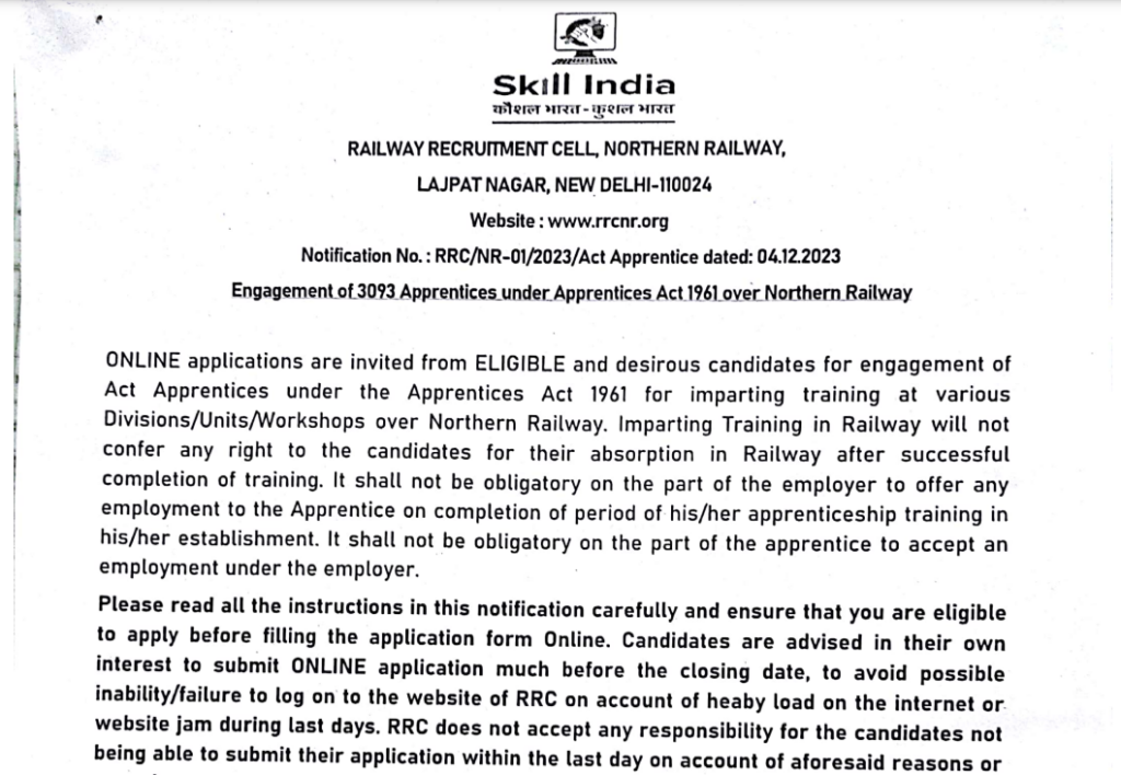 RRC NR Apprentice Vacancy 2024