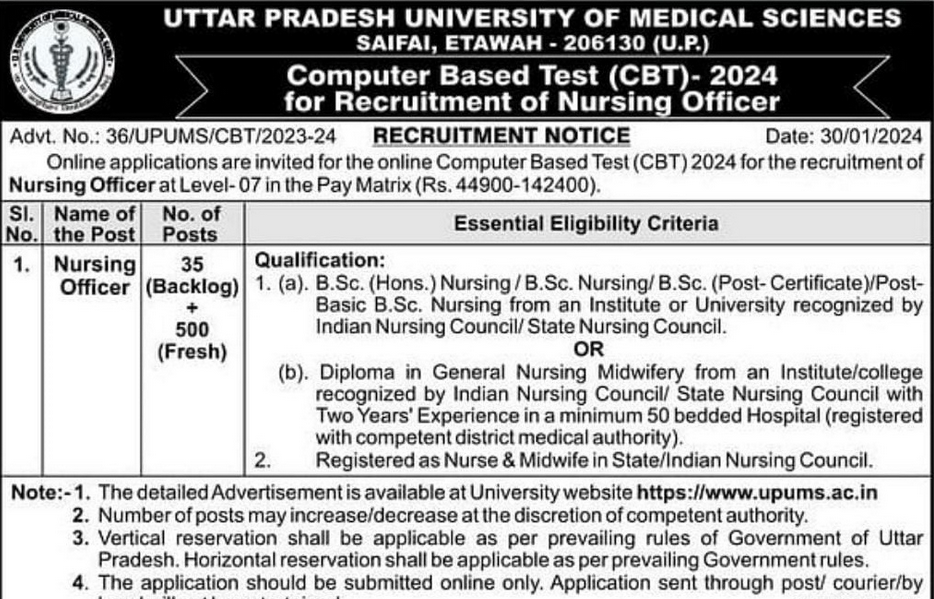 UPUMS Nursing Officer Vacancy 2024