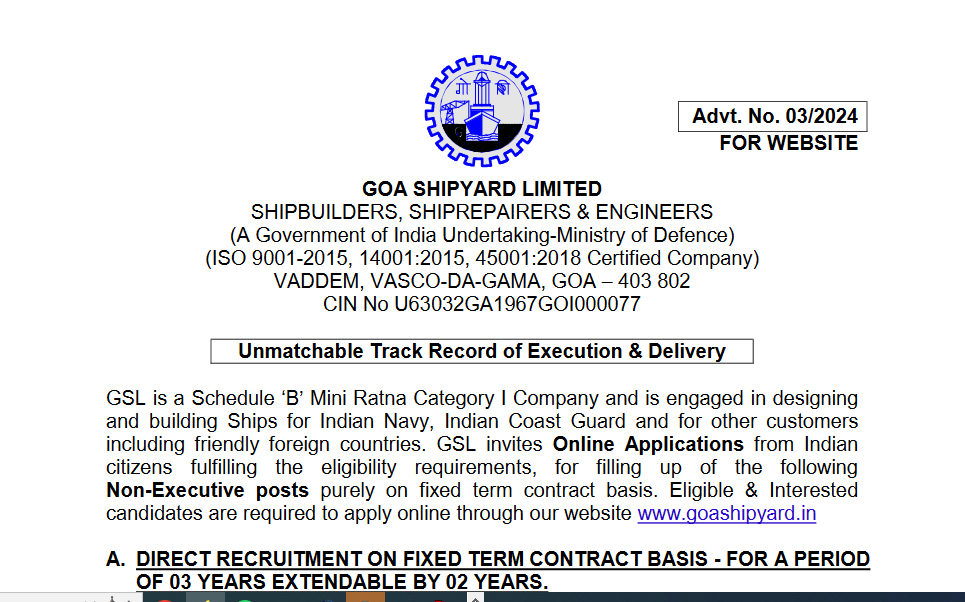Goa Shipyard Limited Vacancy 2024