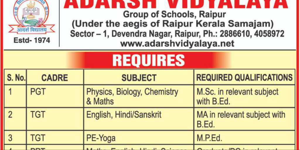 Adarsh Vidyalay Raipur Vacancy 2024